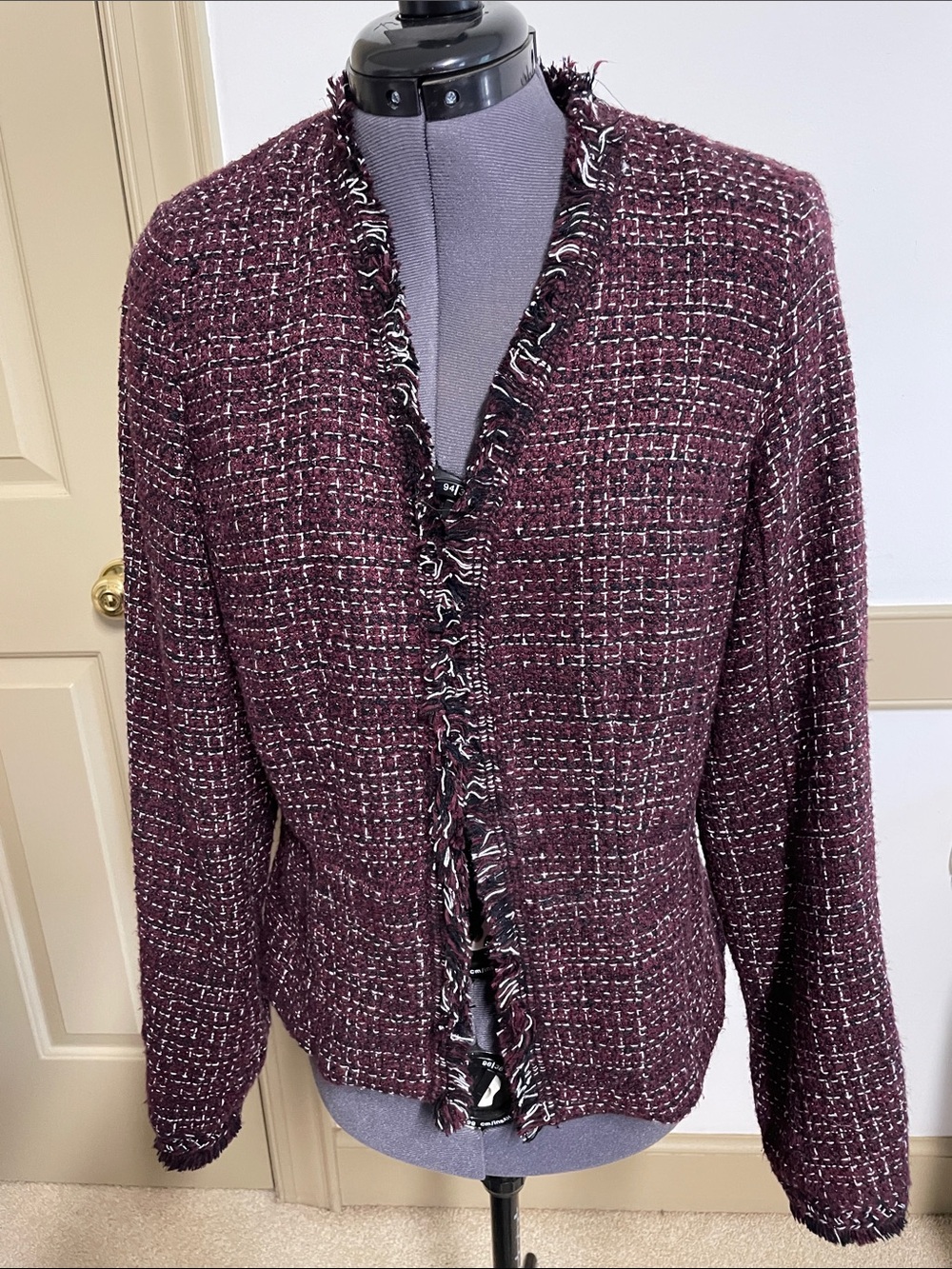 White House Black Market tweed Fringe Open-Front Jacket - Burgundy